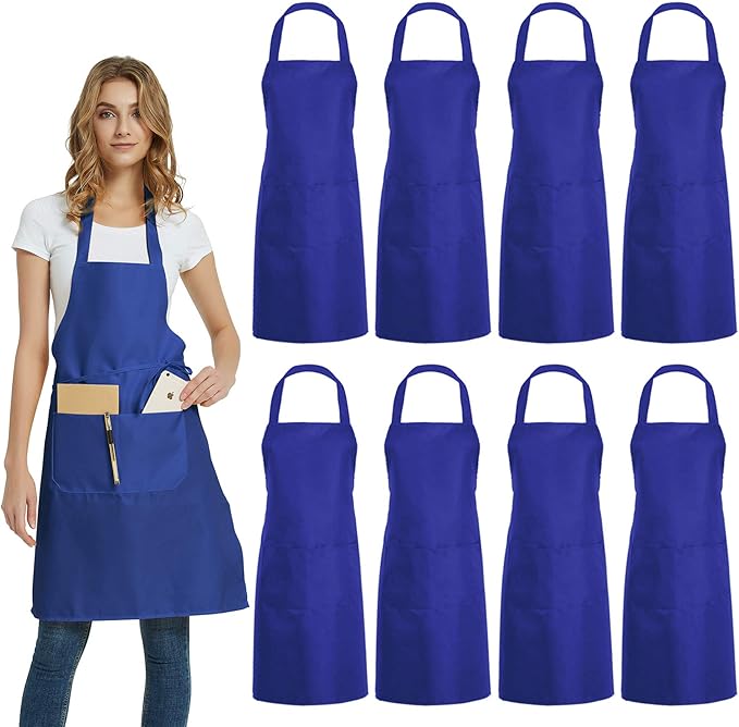 DUSKCOVE 8 Pack Bib Aprons Bulk - Unisex Blue Commercial Apron with 2 Pockets for Kitchen Crafting BBQ Drawing Cooking by DUSKCOVE