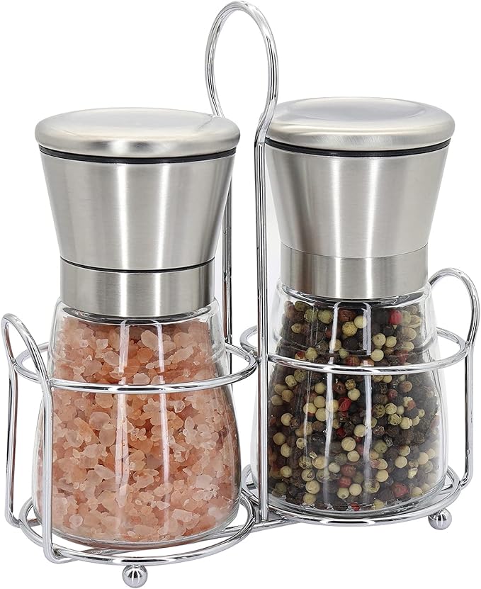 Premium Stainless Steel Salt and Pepper Grinder Set - Short Glass Shaker, Pepper Mill & Salt Mill with Adjustable Coarseness, Refillable for Himalayan or Sea Salt, Black Peppercorn, with Bonus Stand by Mincham