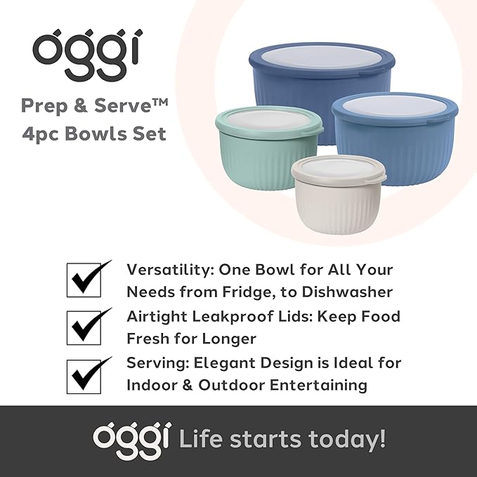 Oggi Set of 4 Prep, Store & Serve Plastic Bowls - w/See-Thru Lids- Dishwasher, Microwave & Freezer Safe, (0.7, 1.4, 2.6, 4 Quarts) - Multicolor - Image 6