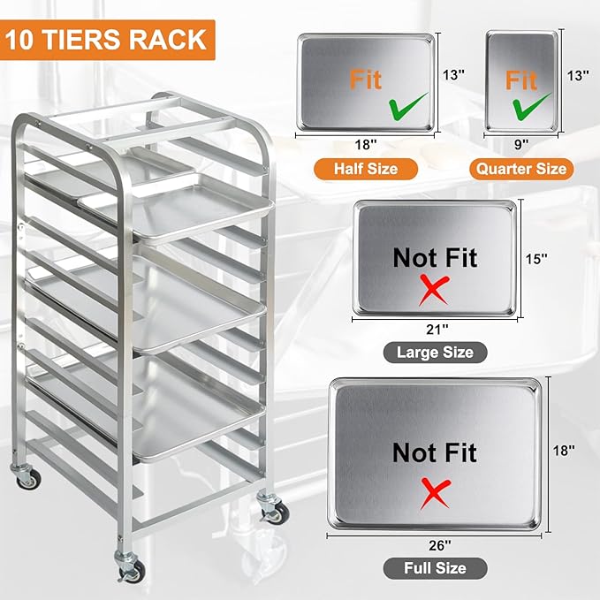 lopeztek 10-Tier Quarter & Half Sheet Pan Rack - Bread Baking Speed Rack for Cooling, Bakery Stand with wheels for Bun Pan Tray, Home Kitchen Tiered Rolling Cart for Oven(for 1/2 & 1/4 Sheet) - Image 3