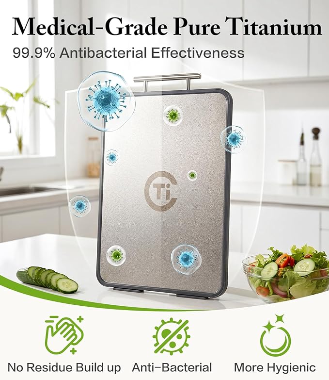 Titanium Cutting Board for Kitchen- Double Sided Chopping Board with Rotatable Feet, Textured Food-Grade Titanium Surface for Raw Meats & PP Surface for Produce – Easy to Clean (14.5" × 11", 1 Pack)