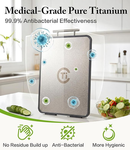 Titanium Cutting Board for Kitchen- Double Sided Chopping Board with Rotatable Feet, Textured Food-Grade Titanium Surface for Raw Meats & PP Surface for Produce – Easy to Clean (14.5" × 11", 1 Pack)