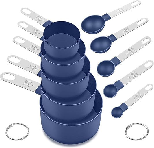 Measuring Cups and Spoons Set, 10 Pieces Nesting Measure Cups and Spoons, Kitchen Essentials Gadgets with Stainless Steel Handle for Dry & Liquid Ingredient, Blue by FONYA
