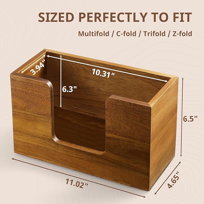 Paper Towel Dispenser Countertop, Acacia Wood Folded Paper Hand Towel Holder for Guest Bathroom, Commercial Tabletop Tissue Dispenser Tray for Multifold C-Fold, Z-Fold, Trifold, 10.31x3.94x6.3 Inches
