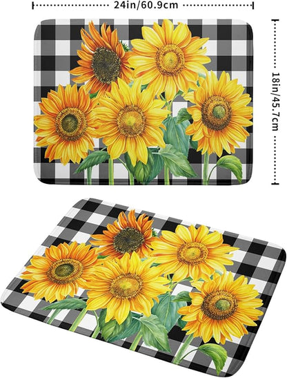 Sunflower Dish Drying Mat for Kitchen Counter Watercolor Black White Plaid Microfiber Absorbent Dish Draining Reusable Washable Foldable Extra Large 18"x24" - Image 2