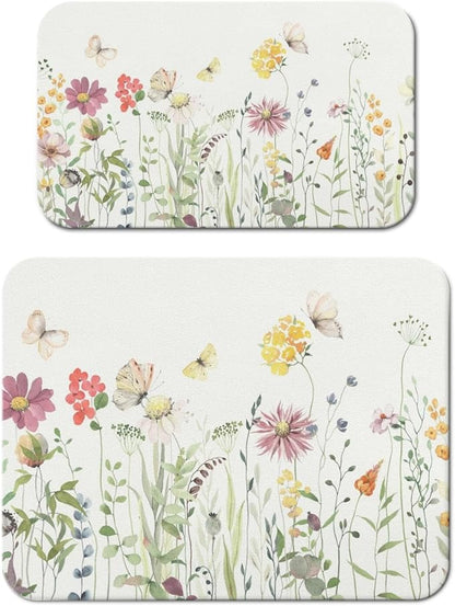Dish Drying Mat for Kitchen Counter 2 Pack with Non-Slip Rubber Backing - Heat-Resistant Absorbent Coffee Bar Mat, Dish Rack Mat, Butterflies and Flowers Dish Drying Mats 18x24+19.5x12 inch