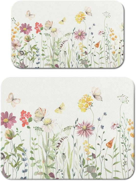Dish Drying Mat for Kitchen Counter 2 Pack with Non-Slip Rubber Backing - Heat-Resistant Absorbent Coffee Bar Mat, Dish Rack Mat, Butterflies and Flowers Dish Drying Mats 18x24+19.5x12 inch