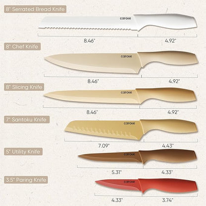 CAROTE Knife Set, 12 Pieces Kitchen Knife Set, 6 Stainless Steel Knives with Blade Guards & Nonstick Ceramic Coating, Rustproof, Color-Coded, Ergonomic Handles (Pack of 2) - Image 2