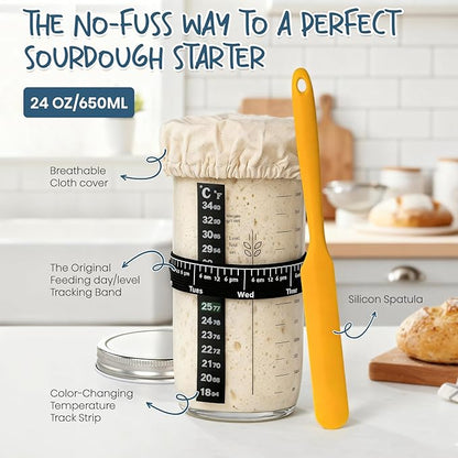 Sourdough Starter Kit, Banneton Bread Proofing Basket Set with 24oz Starter Jar, Sourdough Bread Baking Supplies with 9'' Round Banneton Baskets, Bread Making Baking Tools Gifts for Bakers - Image 3