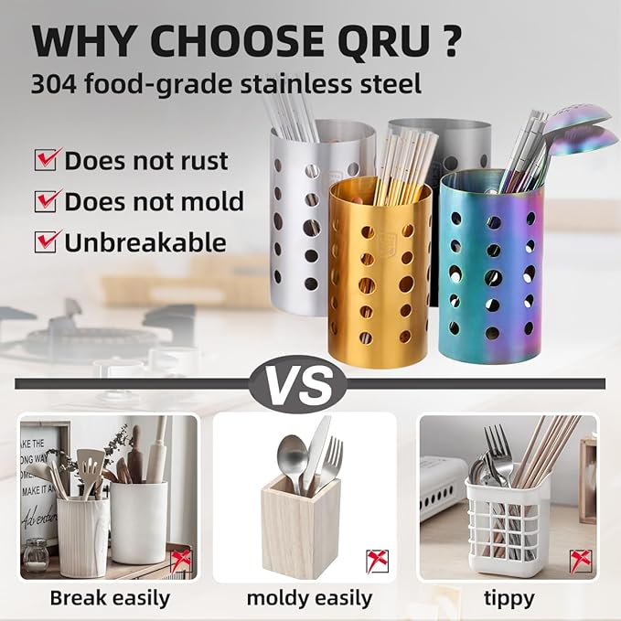 QRU Kitchen Utensil Holder for Countertop (H6.7” x W4.1”), Stainless Steel Cooking Utensil Caddy for Tools, Spatulas, Spoons, Silverware & More, Cooking Utensil Organizer, Kitchen Decor (Silver)