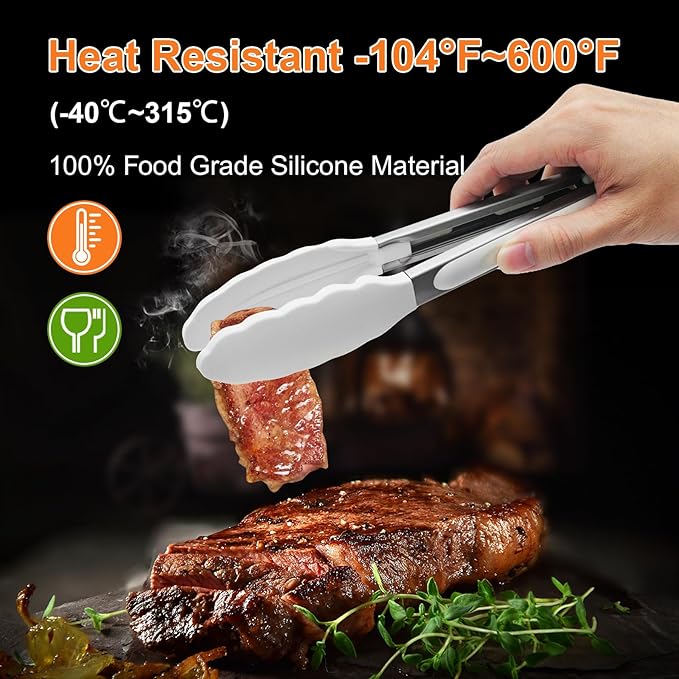 Premium Stainless Steel Heat Resistant Kitchen Tongs for cooking,set of 9" and 12" (White),Non Scratch Silicone cooking Tong Tip for Cooking Pans,Strong Grip BBQ tongs for Grabbing Hot Food - Image 3