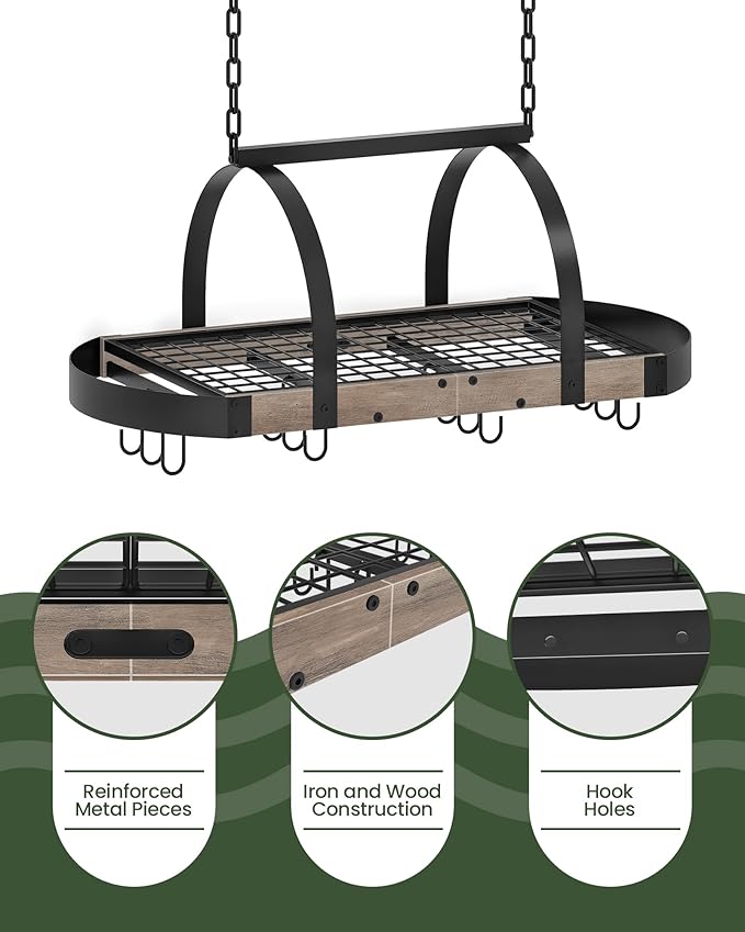 CHOEZON Hanging Pot Rack, Pot Hanger for Kitchen, Ceiling Mounted Pot Holder, Cookware Organizer with 12 S-Shaped Hooks, for Pot, Pan Storage, Space-Saving, Greige and Black TPR08BGC1 - Image 7