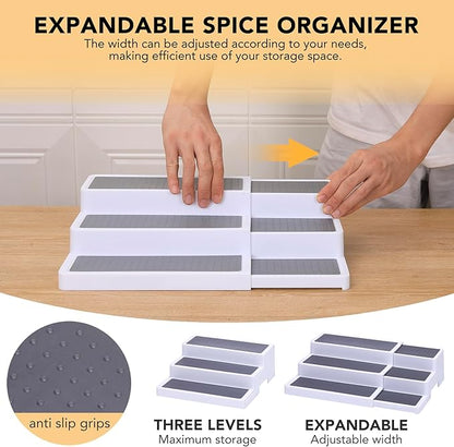 CiWiVOKi 3-Tier Expandable Spice Rack, Plastic Spice Rack Organizer for Cabinet, Adjustable Length, Non-Skid Spice Shelf Organizer for Kitchen Cabinet, Countertop or Pantry, 2 Pack, White/Grey - Image 3