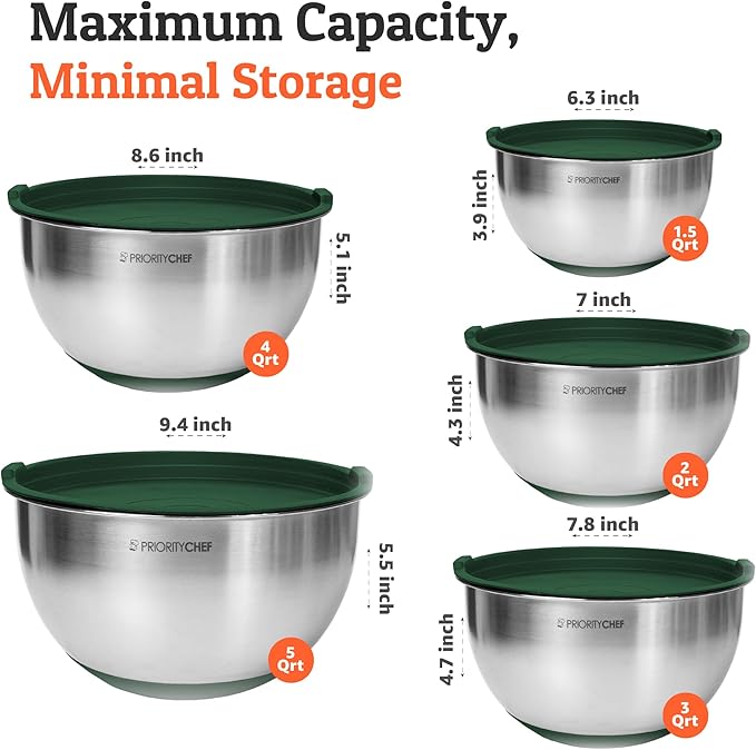 Priority Chef Premium Mixing Bowls With Airtight Lids Set, Thicker Stainless Steel Mixing Bowl Set, Large Prep Metal Bowls with Lids, Nesting Bowls for Kitchen, 1.5/2/3/4/5 Qrt, Green - Image 3