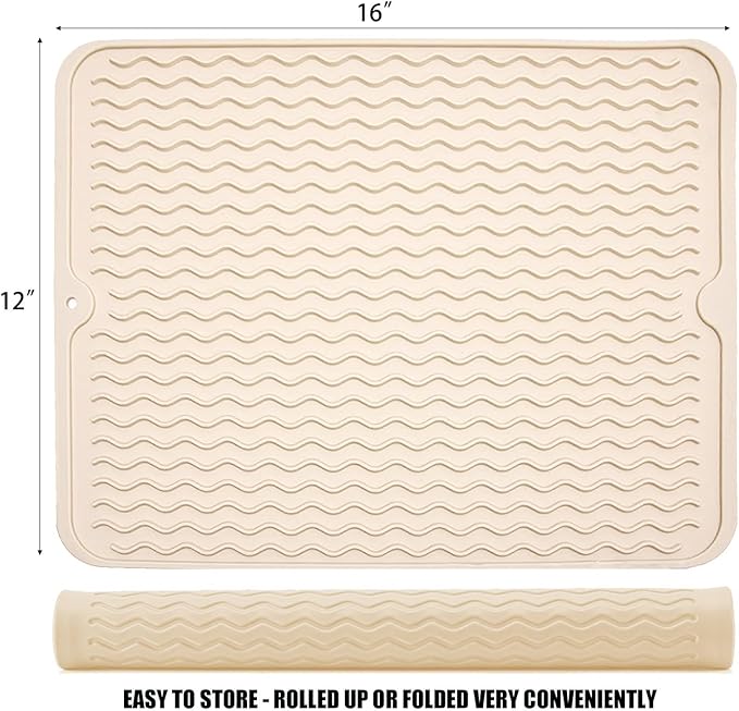 Silicone Dish Drying Mat for Multiple Usage, Easy clean, Eco-friendly, Heat-resistant Dish Drainer Mat for Kitchen Counter,Sink,Refrigerator or Drawer liner (16" x 12", BEIGE) - Image 2