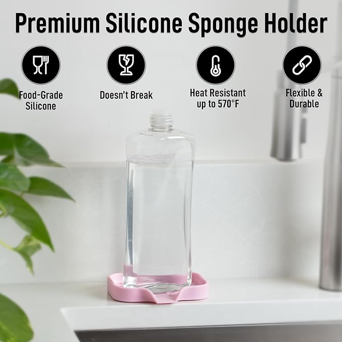 Zulay Kitchen Small Silicone Sponge Holder (4.9x3.3”) – Space-Saving Sink Organizer Tray for Sponge, Soap, Brush & More – Compact Non-Slip Dish for Kitchen & Bathroom (Pink) - Image 2