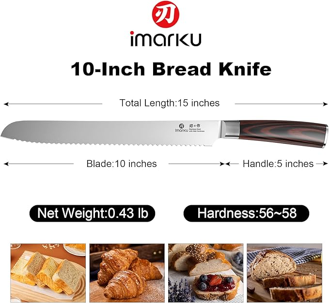 imarku 10 Inch Bread Knife for Homemade Bread Sourdough,German High Carbon Stainless Steel Serrated Knife with Ergonomic Handle,Ultra Sharp Razor Edge Slicing for Crusty Bread Cake,Mothers Day Gifts - Image 4