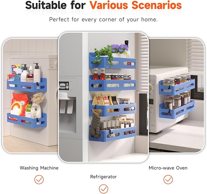 Sevenblue 4 Pack Strong Magnetic Spice Rack for Refrigerator, Multipurpose Magnetic Shelf for Fridge with 4 Hooks for kitchen and Bathroom Organization, Blue - Image 6