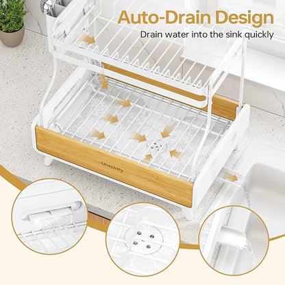 Urackify 2-Tier Dish Drying Rack, Large Stainless Steel & Bamboo Dish Rack for Kitchen Counter, Dish Drainers with Adjustable Automatic Spout, Drying Rack Kitchen with Utensil Holder, White - Image 3