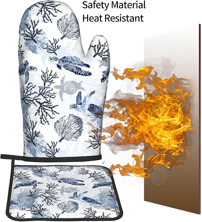 Navy Blue Ocean Sea Turtle Oven Mitts and Pot Holders Sets of 3, Heat Resistant Non-Slip Gift for Cooking Enthusiasts, Coastal Beach Nautical Coral Kitchen Gloves for Baking BBQ Cooking Grilling Decor - Image 7