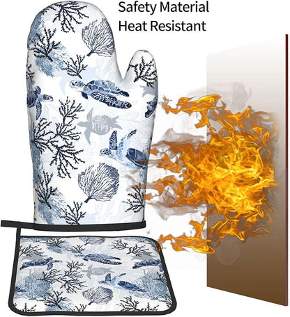 Navy Blue Ocean Sea Turtle Oven Mitts and Pot Holders Sets of 3, Heat Resistant Non-Slip Gift for Cooking Enthusiasts, Coastal Beach Nautical Coral Kitchen Gloves for Baking BBQ Cooking Grilling Decor - Image 7