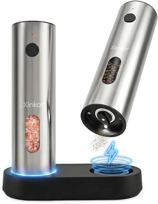 Electric Salt and Pepper Grinder Set with USB-C Charging Base, Stainless Steel Automatic Rechargeable Salt and Pepper Grinder with LED Light & Large Capacity, 6 Adjustable Coarseness Settings