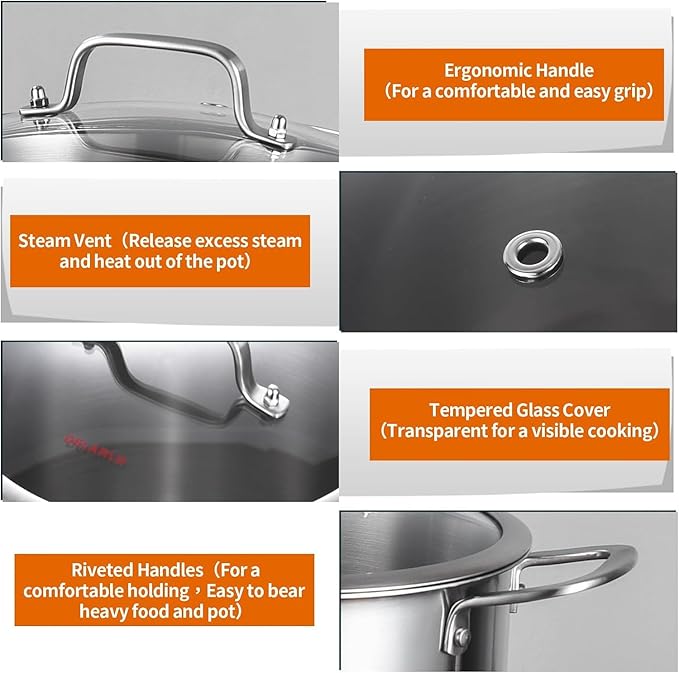 DELARLO Tri-ply Stainless Steel 20QT Stock Pot, Compatible with All Stoves Up to 600℉, 18/10 Induction Big Cooking Pot with Lid, Fast & Even Heating, Durable Large Soup Pot - Image 5