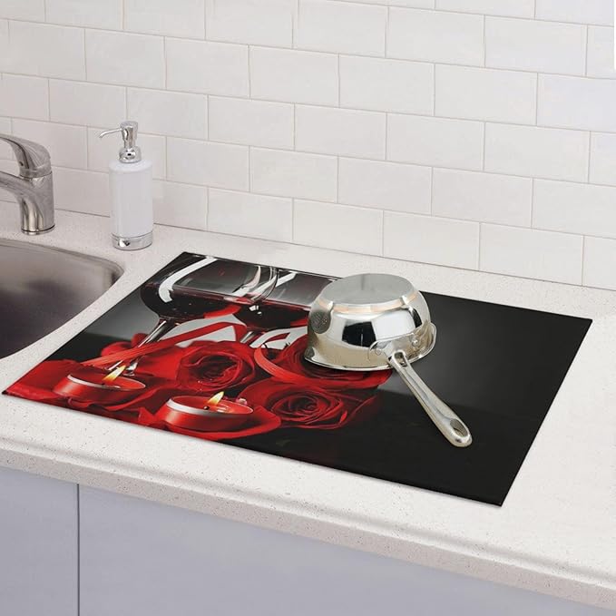 Red Wine Rose Candle Dish Drying Mat Red and Black Romantic Burgundy Blossom Floral Drying Rack Pad Countertop Dishes Ultra Absorbent Microfiber Kitchen Counter Mat 18x24 Inch