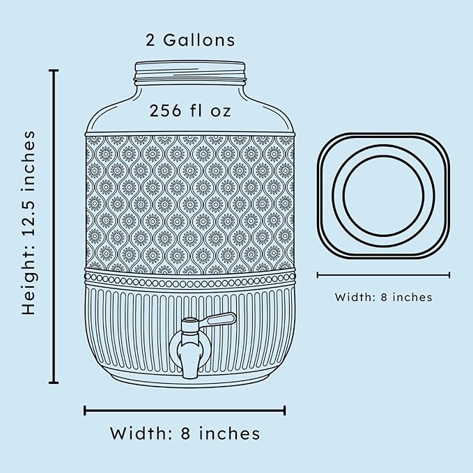 Godinger Drink Dispenser 2 Gallon, Large Glass Water Dispenser - (256oz) Clear