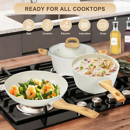 EWFEN 25 Pcs Pots and Pans Set, Nonstick Ceramic Cookware Sets, Healthy Non-Toxic, Large Capacity, Induction Compatible, Cooking Set with Frying Pans & Saucepans, PFAS/PTFE/PFOA Free, Cream White - Image 4