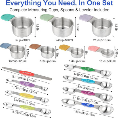 Magnetic Measuring Cups & Spoons Set, Strong N45 Magnets, Heavy Duty Stainless Steel Fits in Spice Jars for Baking & Cooking, BPA Free, Round Set of 15 with Leveler, Light Colorful - Image 7