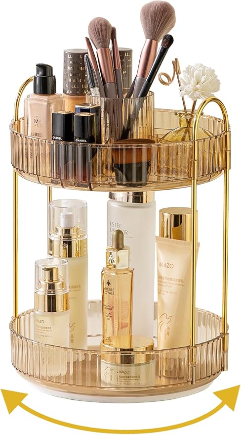 Asayuee 360 Rotating Makeup Organizer,2 Tier Large Capacity Make Up Organizers and Storage,Skincare Perfume Vanity Organizers,Bathroom Cosmetics Storage Organizer Countertop(Gold) by Asayuee