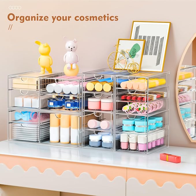 ARSTPEOE 22 Drawers, Acrylic Desk Makeup Organizer, Plastic Drawers Organizer, Stackable Storage Solution for Makeup, Dresser, Office, Bathroom Clear Plastic Craft and Bead Storage Cabinet - Image 4