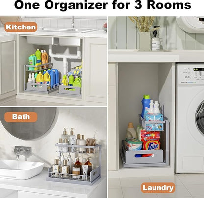 REALINN Under Sink Organizer, Pull Out Cabinet Organizer 2 Tier Slide Out Sink Shelf Cabinet Storage Shelves, Storage for Kitchen Bathroom, Grey, 2 Pack - Image 5