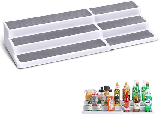 CiWiVOKi 3 Tier Expandable Spice Rack Organizer, Plastic Spice Rack, Adjustable Length 14.6In-25.8In, Non-Skid Tiered Spice Shelf Organizer for Kitchen Cabinet, Cupboard, Pantry, White/Grey by CiWiVOKi