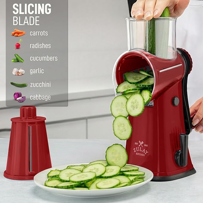 Zulay Kitchen Rotary Cheese Grater 5 Blade Cheese Shredder - Manual Hand Crank Cheese Grater With Reinforced Suction & 5 Interchangeable Drums - Easy to Use, Vegetable Chopper Round Mandoline Slicer - Image 5