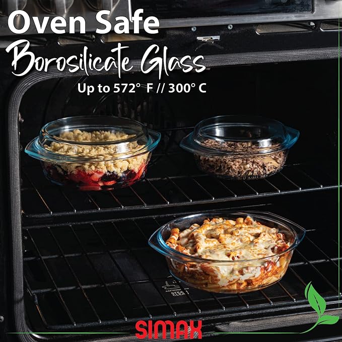 Simax Casserole Dish Set, Set of 3 Casserole Dish with Lid, Round Glass Cookware, Borosilicate Glass, Made In Europe 0.75 Quart, 1 Quart and 1.5 Quart Baking Dishes…