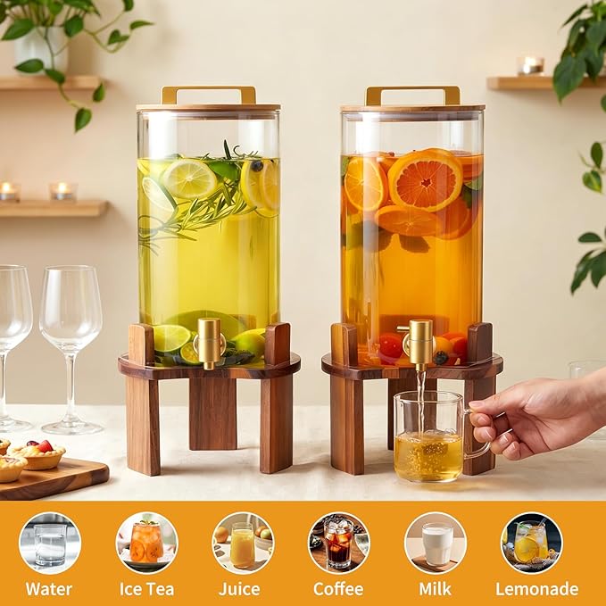 2 PCS 1.5 Gallon Glass Drink Dispenser, Beverage Dispenser With Wood Stand, Lid and Stainless Steel Spigot, Large Water Dispenser for Parties, Perfect for Lemonade, Juice, Tea and Daily Drinks - Image 6