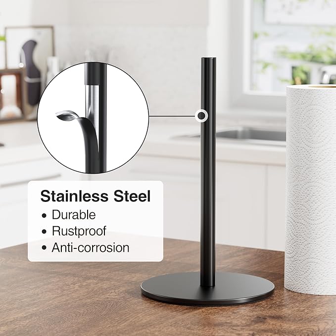 Black Paper Towel Holder Free-Standing, Premium Stainless Steel Paper Rolls Organizer Countertop, Classic Fashion Kitchen Roll Dispenser - Image 3
