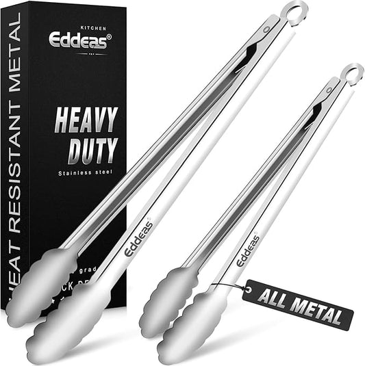 Grill Tongs, Heat Resistant 600 Degrees 17 & 12 Inch Extra Long BBQ Tongs, All Metal Kitchen tongs, Stainless Steel Locking tong for Cooking, Grilling, Barbecue/BBQ, Buffet, Set of 2 by Eddeas
