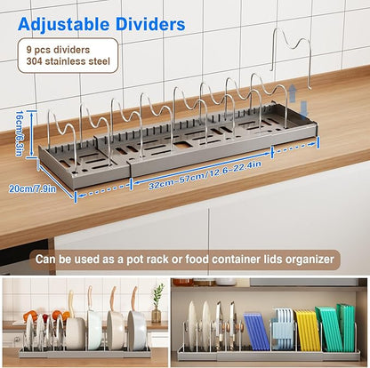 Mustorn Pots and Pans Organizer Under Cabinet, 22" Expandable Food Storage Container Lid Organizers with 9 Adjustable Dividers Pot and Pan Lid Holders Rack Inside Cabinet/Countertop(1 Pack, Gray) - Image 2