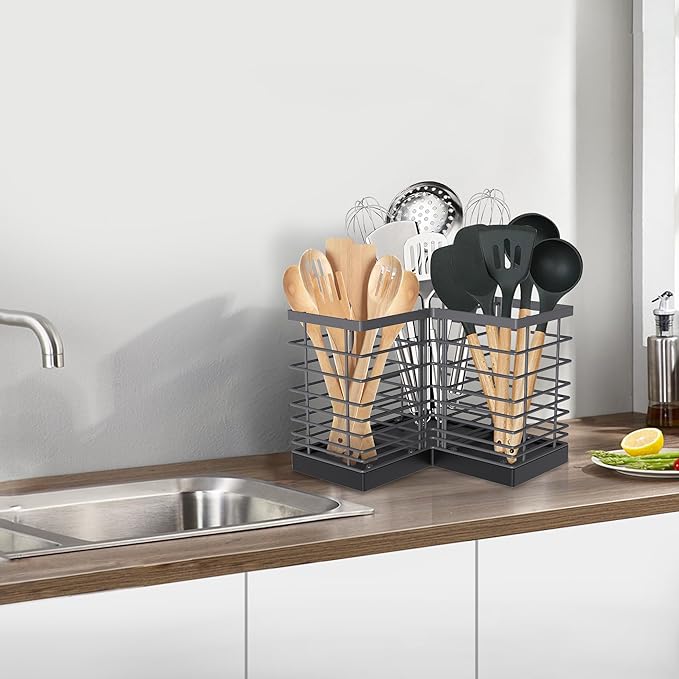 Suli Kitchen Utensil Holder with 3 Compartments，Grey Metal Corner Kitchen Caddy for Countertop，Farmhouse Rustic Cooking Storage-Grey - Image 6