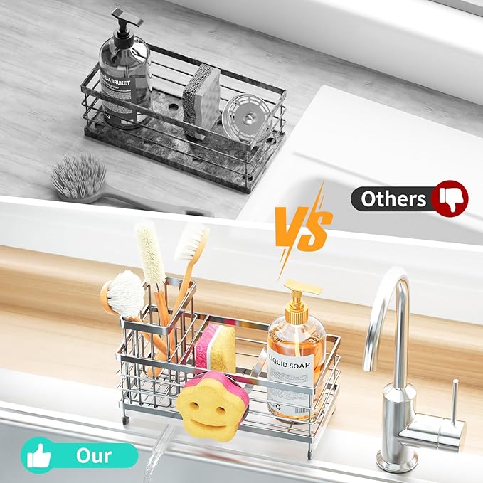 HapiRm Sponge Holder for Kitchen Sink - Self-draining Sink Caddy with Smiley Face and Brush Holder, Stainless Steel Kitchen Organizer for Countertop - Silver - Image 7