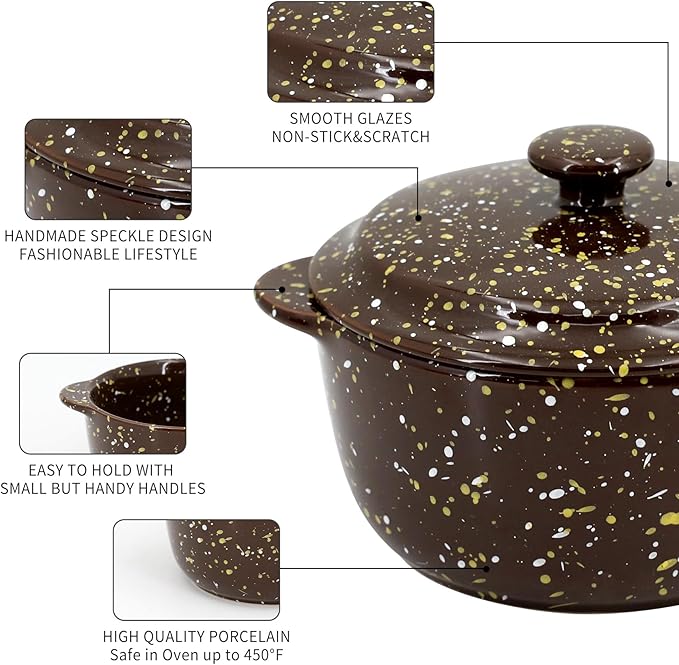 10 Oz Ceramic Mini Cocotte Set 4-Pack, Oven Safe Stoneware Casserole Dishes with Lids Handles, Individual Ramekins for Baking Soufflé Soup Cobbler,Brown