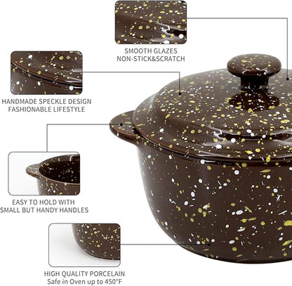 10 Oz Ceramic Mini Cocotte Set 4-Pack, Oven Safe Stoneware Casserole Dishes with Lids Handles, Individual Ramekins for Baking Soufflé Soup Cobbler,Brown