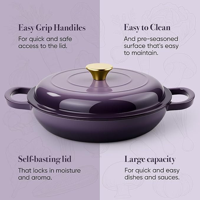 Vintage Style 3 Quart Enameled Cast Iron Braiser, Non Stick Enameled Cast Iron Skillet with Lid, Dutch Oven Skillet with lid up to 500°F for Oven, Stove, Grill, Shallow Dutch Oven for Cook, Bake (Purple) - Image 7