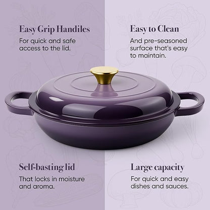 Vintage Style 3 Quart Enameled Cast Iron Braiser, Non Stick Enameled Cast Iron Skillet with Lid, Dutch Oven Skillet with lid up to 500°F for Oven, Stove, Grill, Shallow Dutch Oven for Cook, Bake (Purple) - Image 7