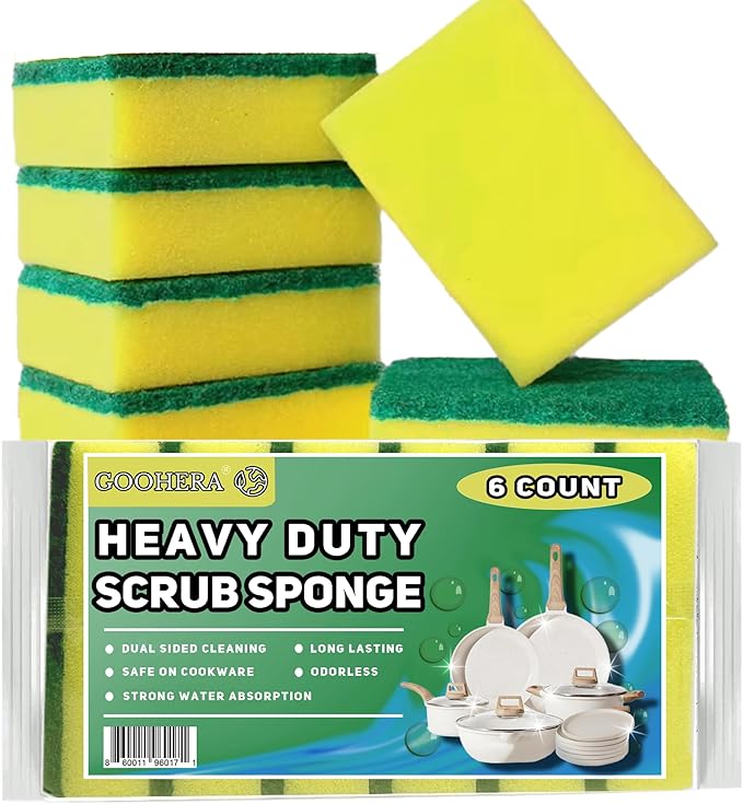 Heavy Duty Scrub Sponge for Cookware, Dual-Sided Cleaning Pot Scrubber, Odorless, Long-Lasting, Kitchen and Dishwashing Essential, Large & Thick 4 x 2.8 x 1.5 Inches, 6 Pack by GooHeraInc