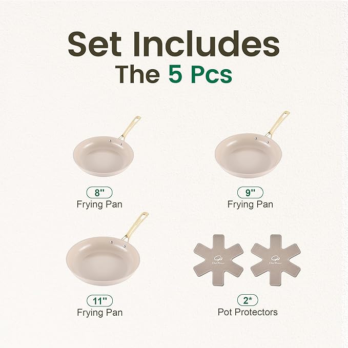 Chef Power Ceramic Frying Pan with Stainless Steel Handle 5Pcs Set, Non Stick Grill Pan Set, Dishwasher and Oven Safe, Taupe and Light Gold Handle - Image 2