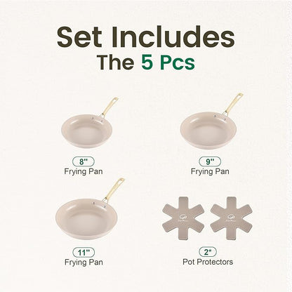 Chef Power Ceramic Frying Pan with Stainless Steel Handle 5Pcs Set, Non Stick Grill Pan Set, Dishwasher and Oven Safe, Taupe and Light Gold Handle - Image 2